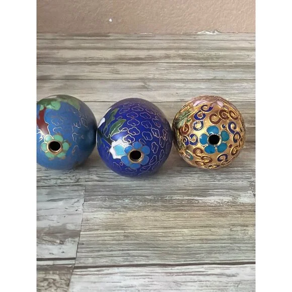 Set of 3 Asian Cloisonné Enamel Floral Eggs w/Wooden Stands Vintage Pre-owned - Picture 11 of 12